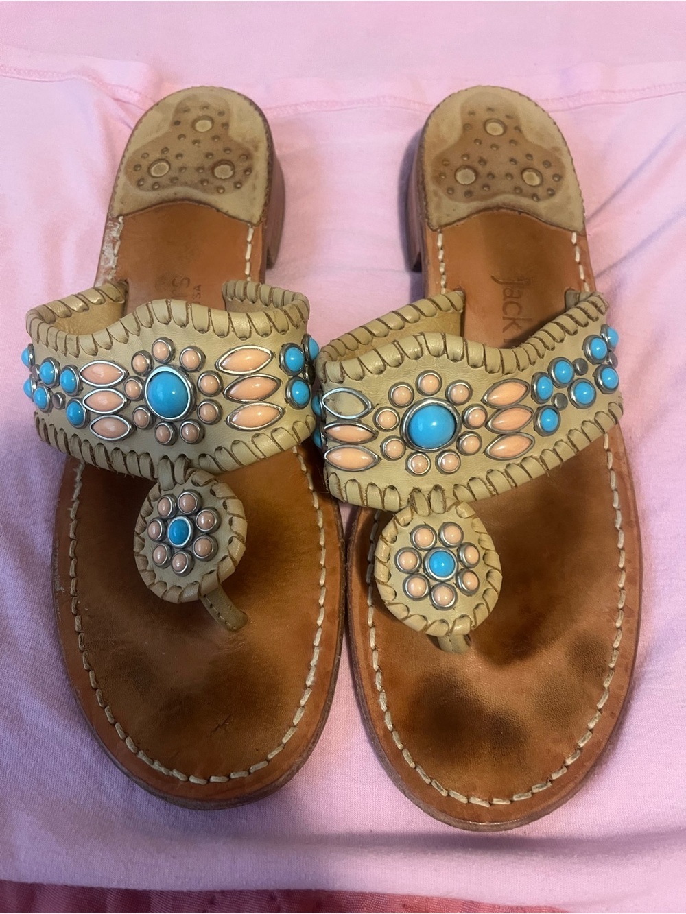 Jack Rogers Beige Leather Sandals with Turquoise and Peach Beading